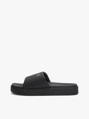 black embossed th monogram platform pool slides for women tommy hilfiger