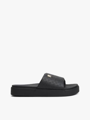 black embossed th monogram platform pool slides for women tommy hilfiger