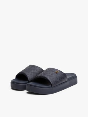 blue embossed th monogram platform pool slides for women tommy hilfiger