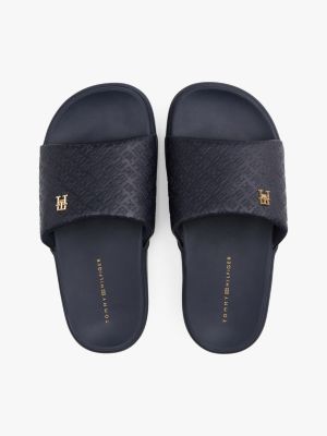 blue embossed th monogram platform pool slides for women tommy hilfiger