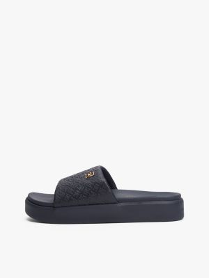 blue embossed th monogram platform pool slides for women tommy hilfiger