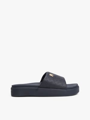 blue embossed th monogram platform pool slides for women tommy hilfiger