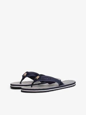 tongs à brides en toile à logo et rayées bleu pour femmes tommy hilfiger