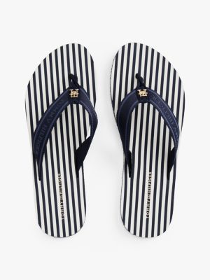 tongs à brides en toile à logo et rayées bleu pour femmes tommy hilfiger