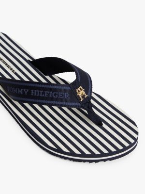 tongs à brides en toile à logo et rayées bleu pour femmes tommy hilfiger