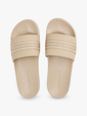 beige logo webbing pool slides for women tommy hilfiger