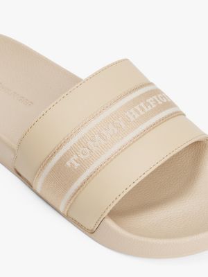 beige logo webbing pool slides for women tommy hilfiger