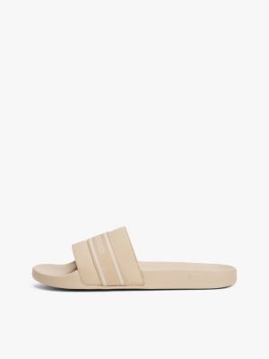 beige logo webbing pool slides for women tommy hilfiger