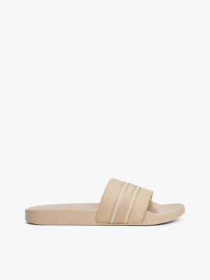 beige badslipper met webbing en logo voor dames - tommy hilfiger