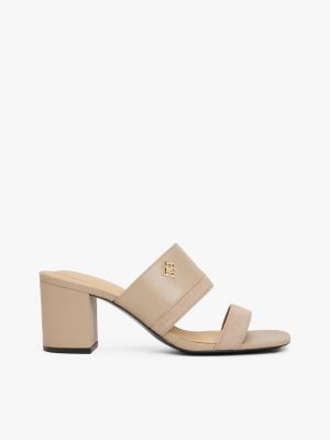 mules en cuir à talon carré beige pour femmes tommy hilfiger