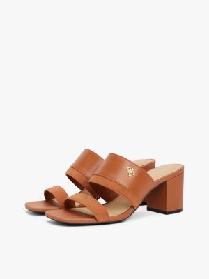 mules en cuir à talon carré marron pour femmes tommy hilfiger