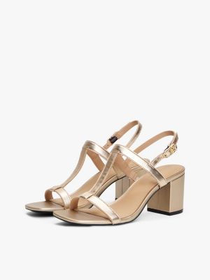 beige metallic leather block heel sandals for women tommy hilfiger