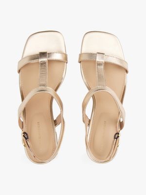 beige metallic leather block heel sandals for women tommy hilfiger