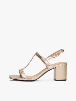 beige metallic leather block heel sandals for women tommy hilfiger