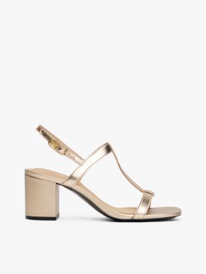 beige metallic leren sandaal met blokhak voor dames - tommy hilfiger