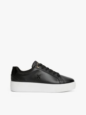 black leather flatform court trainers for women tommy hilfiger