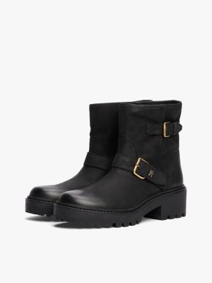 black leather buckle cleat biker boots for women tommy hilfiger