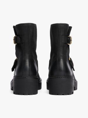 black leather buckle cleat biker boots for women tommy hilfiger