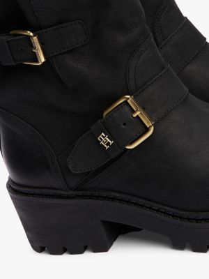 black leather buckle cleat biker boots for women tommy hilfiger