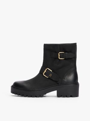 black leather buckle cleat biker boots for women tommy hilfiger