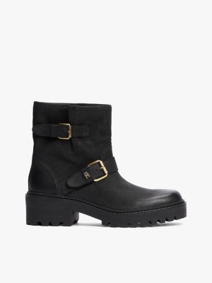 black leather buckle cleat biker boots for women tommy hilfiger