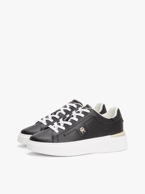 black leather th monogram court trainers for women tommy hilfiger