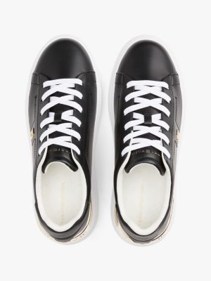 black leather th monogram court trainers for women tommy hilfiger