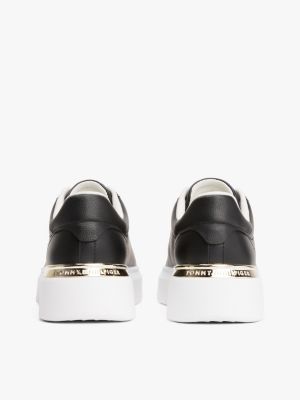 black leather th monogram court trainers for women tommy hilfiger