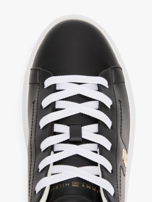 black leather th monogram court trainers for women tommy hilfiger