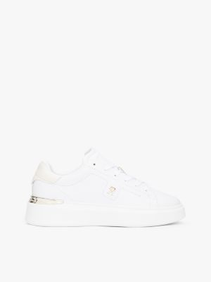 black leather th monogram court trainers for women tommy hilfiger