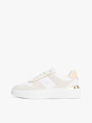 white leather mixed texture court trainers for women tommy hilfiger