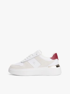 wit leren court sneaker met gemengde texturen voor dames - tommy hilfiger