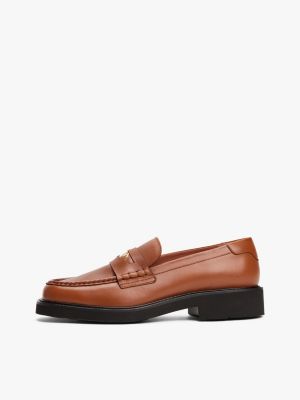 bruin leren loafer met vierkante neus en th-embleem voor dames - tommy hilfiger