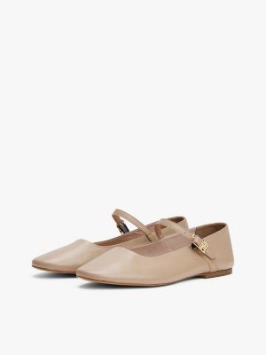 beige leather mary jane ballerinas for women tommy hilfiger