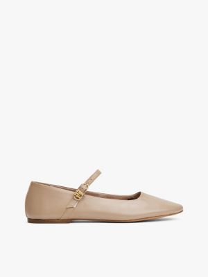 beige leather mary jane ballerinas for women tommy hilfiger