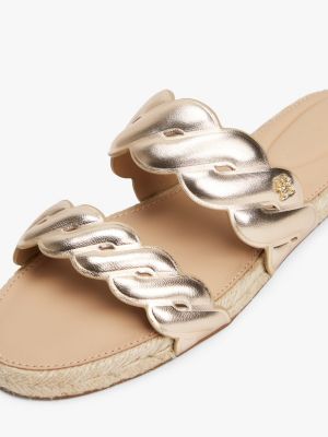 beige riemen-pantolette aus metallic-leder für damen - tommy hilfiger