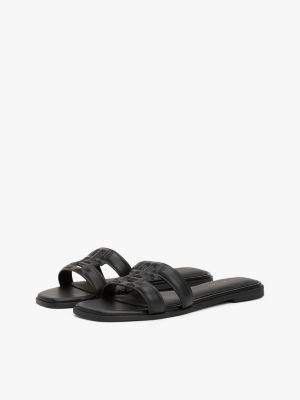 black leather th monogram mules for women tommy hilfiger