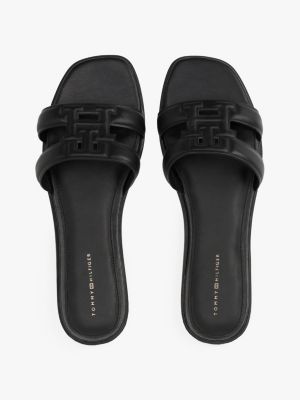 black leather th monogram mules for women tommy hilfiger