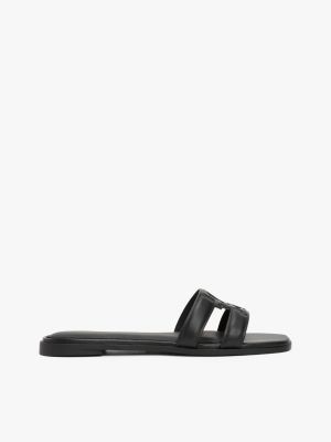 black leather th monogram mules for women tommy hilfiger