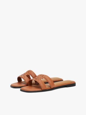 mules en cuir à monogramme th marron pour femmes tommy hilfiger