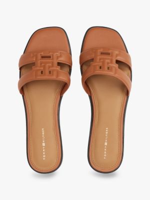 brown leather th monogram mules for women tommy hilfiger