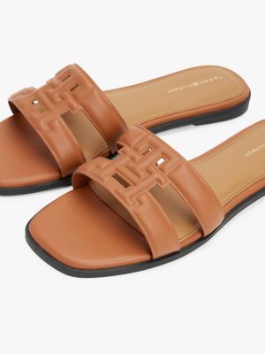 brown leather th monogram mules for women tommy hilfiger