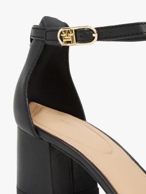 schwarz leder-sandale mit th-monogramm und blockabsatz für damen - tommy hilfiger