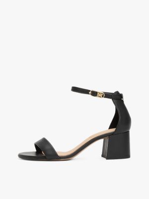 black th monogram leather block heel sandals for women tommy hilfiger