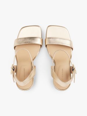 beige metallic-leder-sandalette mit blockabsatz für damen - tommy hilfiger