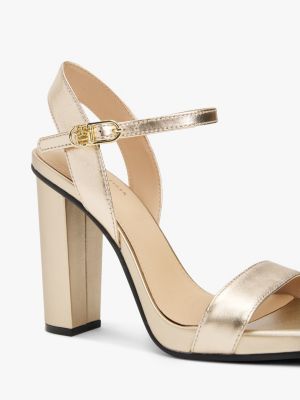 beige metallic-leder-sandalette mit blockabsatz für damen - tommy hilfiger