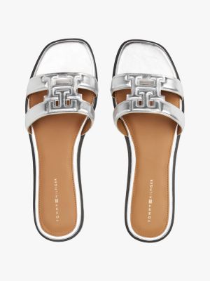 multi metallic leather th monogram mules for women tommy hilfiger