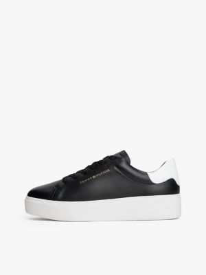 black leather contrast heel platform trainers for women tommy hilfiger