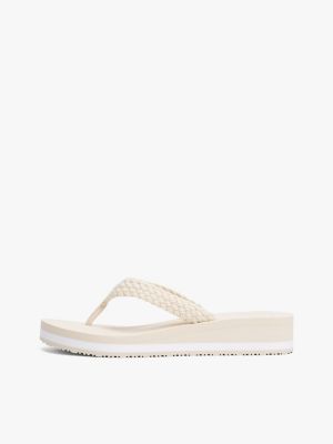beige th monogram crochet wedge flip-flops for women tommy hilfiger