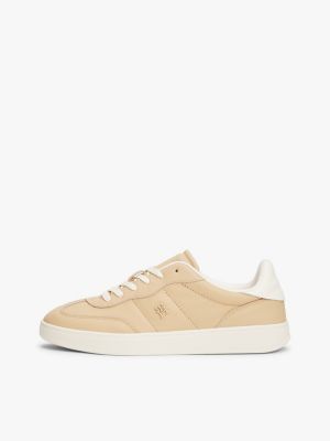 beige court-sneaker aus leder mit th-monogramm für damen - tommy hilfiger